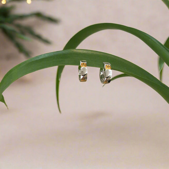 Photo of Gemstone Huggie Earrings in a decorative scene, designed by , available at Plumb Gold & Plumb Silver
