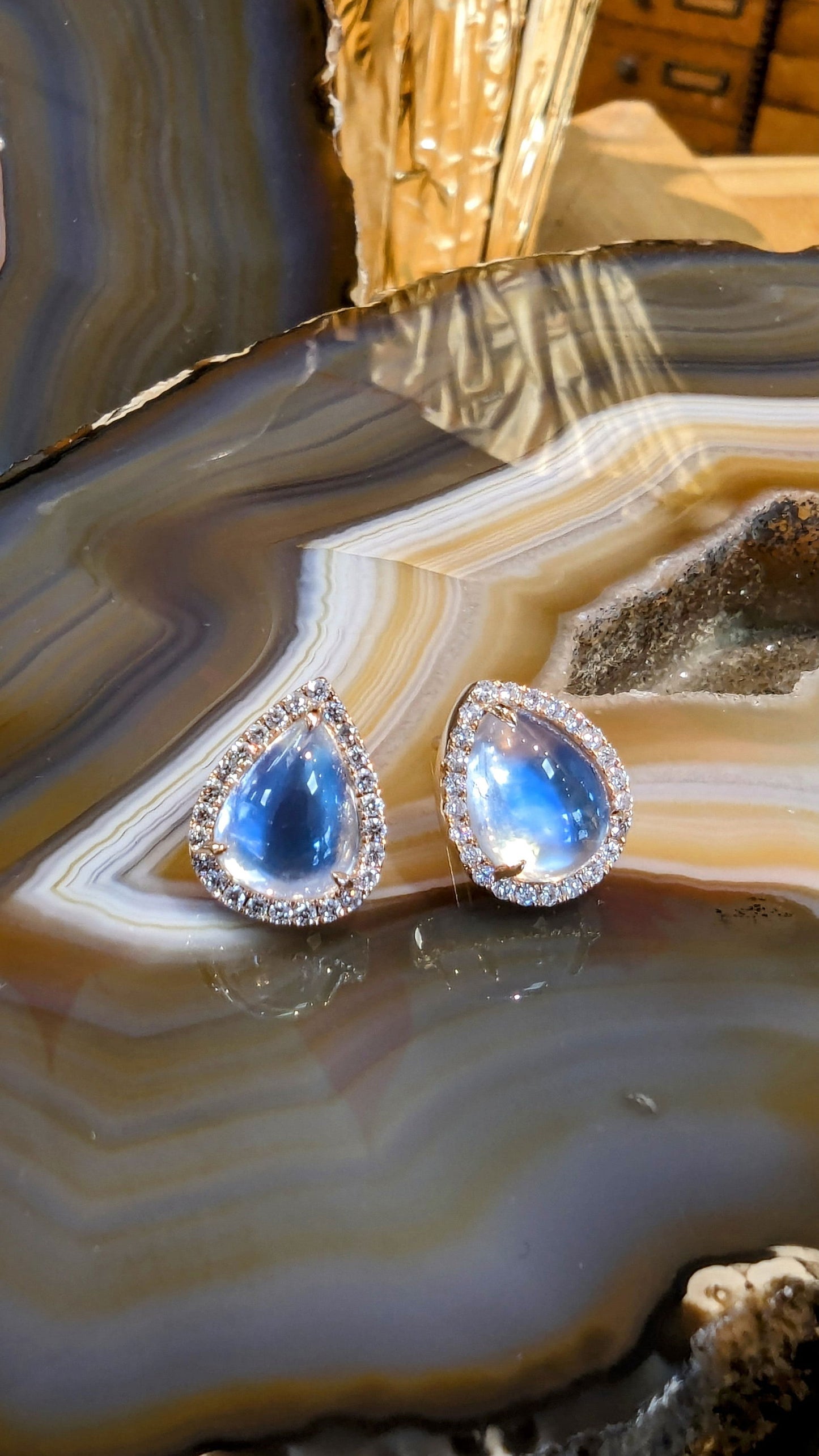 Photo of Moonstone Halo Studs in a decorative scene, designed by , available at Plumb Gold & Plumb Silver