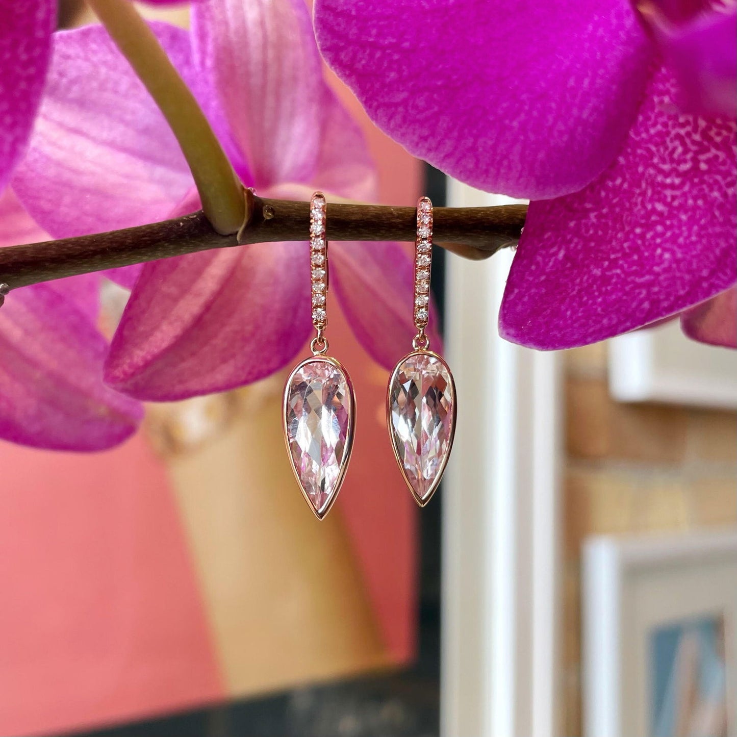 Photo of Morganite Dangles in a decorative scene, designed by , available at Plumb Gold & Plumb Silver