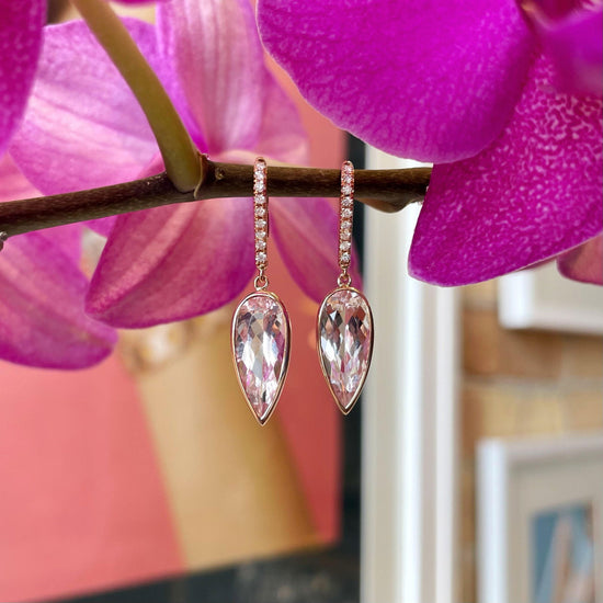Photo of Morganite Dangles in a decorative scene, designed by , available at Plumb Gold & Plumb Silver