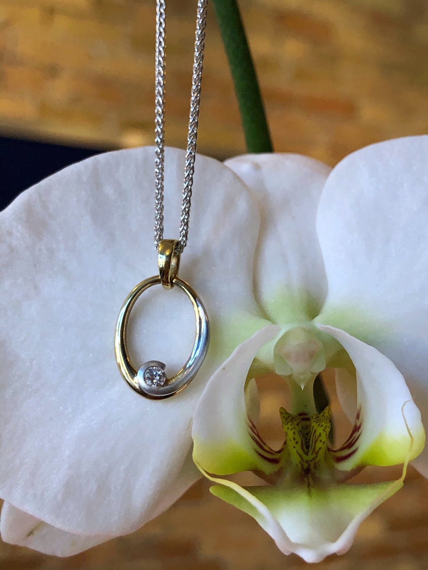 Photo of Oval Swoop Pendant in a decorative scene, designed by , available at Plumb Gold & Plumb Silver