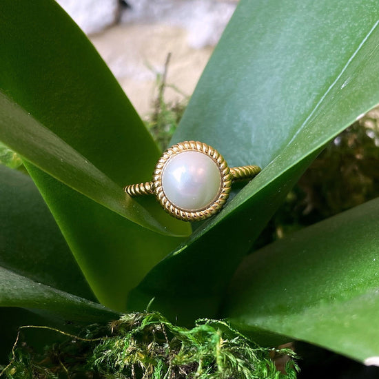 Photo of Pearl Rope Ring in a decorative scene, designed by , available at Plumb Gold & Plumb Silver