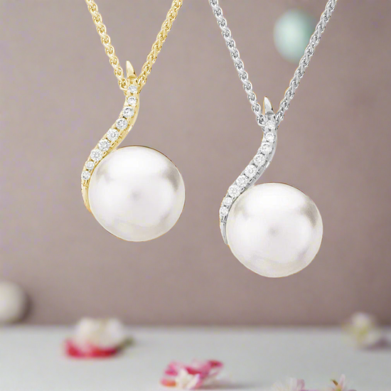 Photo of Pearl and Diamond Necklace in a decorative scene, designed by , available at Plumb Gold & Plumb Silver