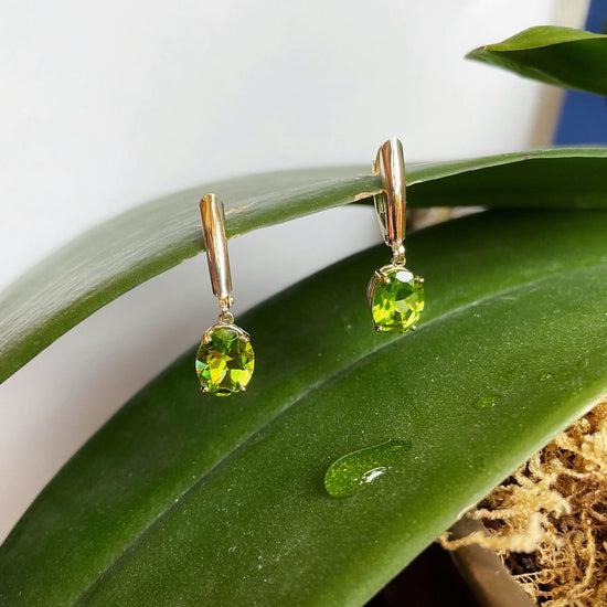 Photo of Peridot Dangle Earrings in a decorative scene, designed by , available at Plumb Gold & Plumb Silver