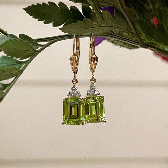 Photo of Peridot Dangles in a decorative scene, designed by , available at Plumb Gold & Plumb Silver