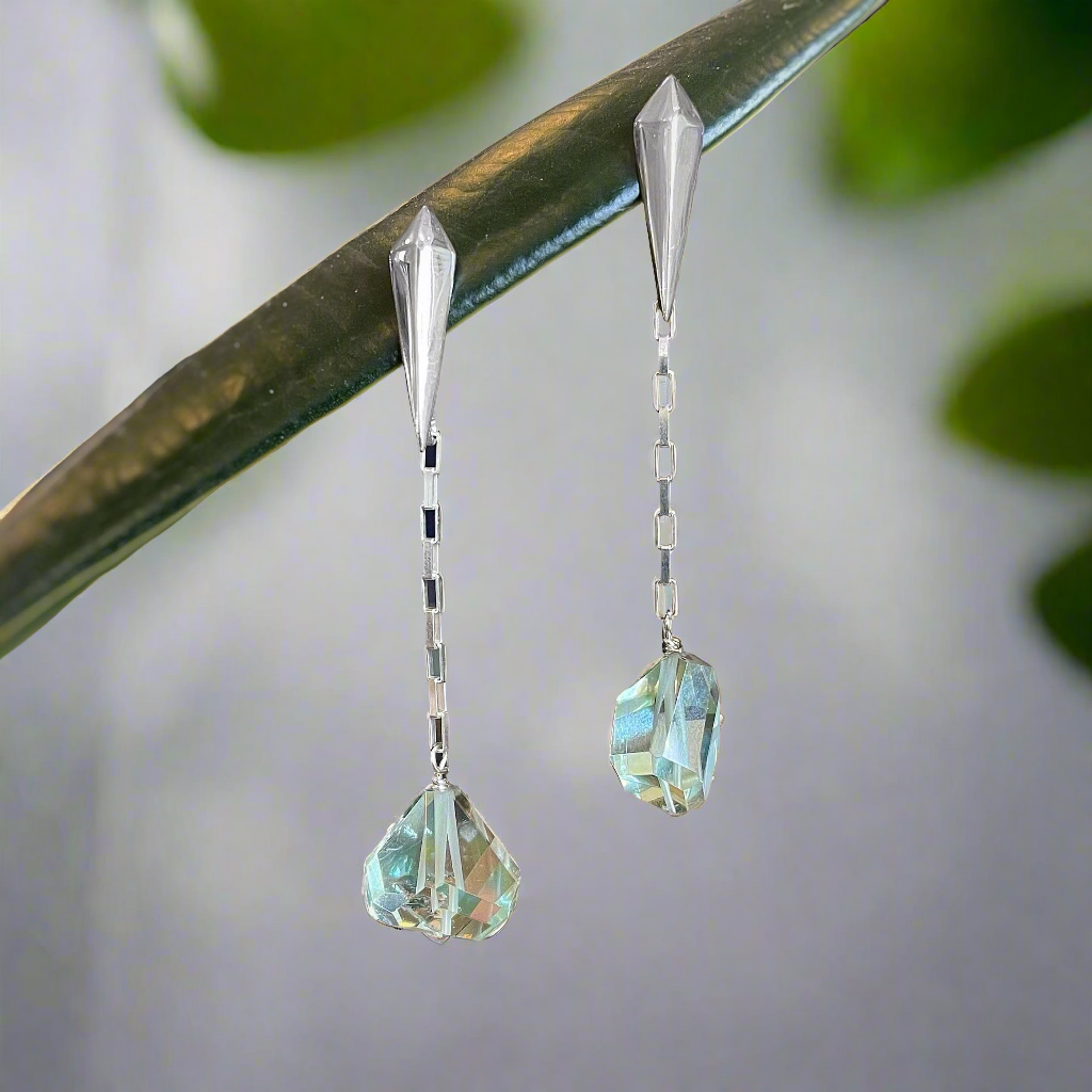 Photo of Plumb Silver Original Green Quartz Dangles in a decorative scene, designed by , available at Plumb Gold & Plumb Silver