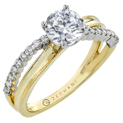 Photo of "Wave" Milgrain Concave Split Shank Engagement Ring in a decorative scene, designed by , available at Plumb Gold & Plumb Silver