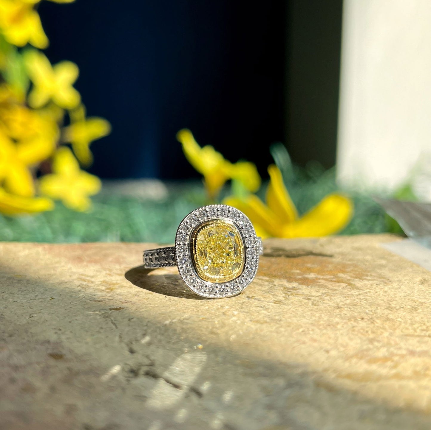 Photo of Yellow Diamond Ring in a decorative scene, designed by , available at Plumb Gold & Plumb Silver