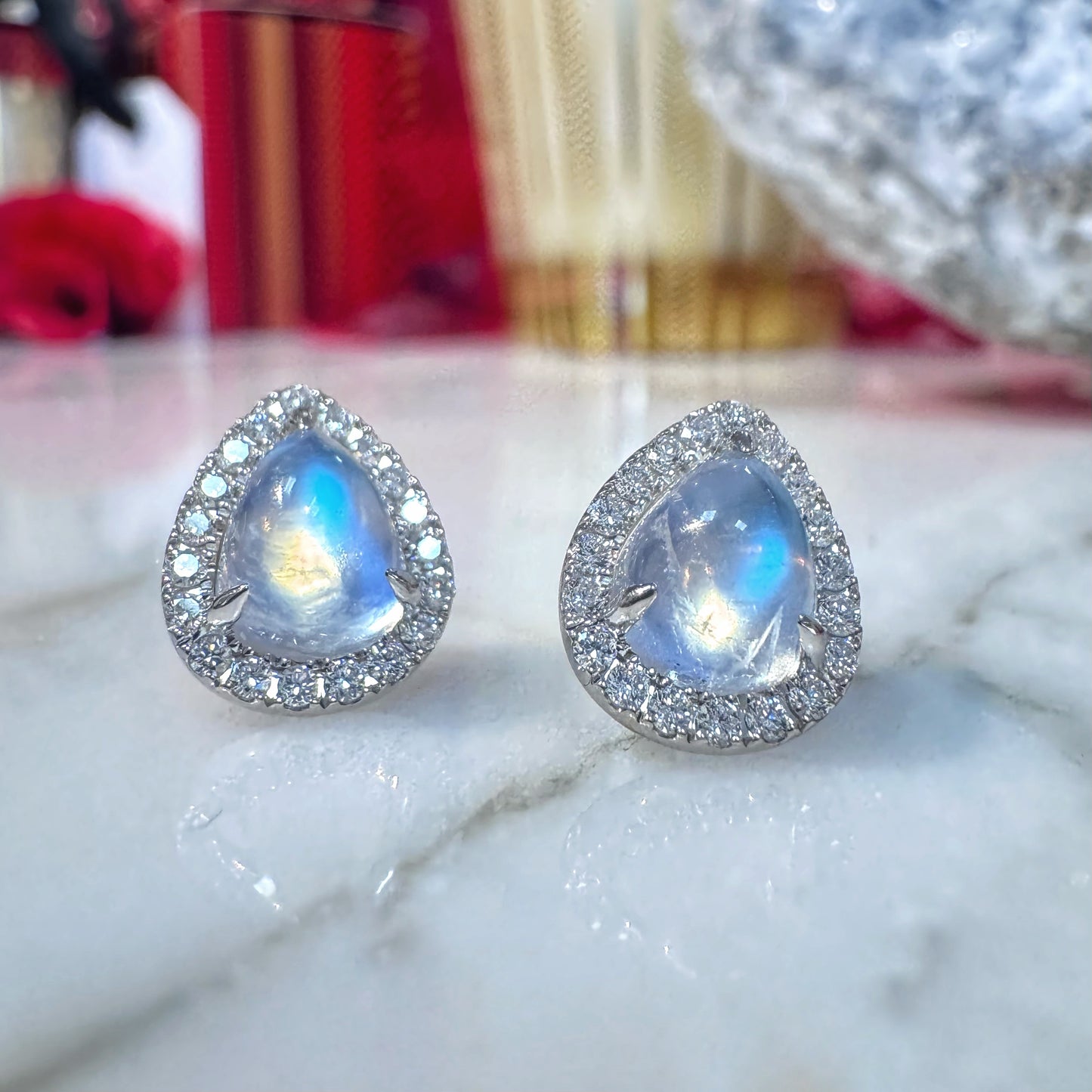 Pear Moonstone Halo Earrings