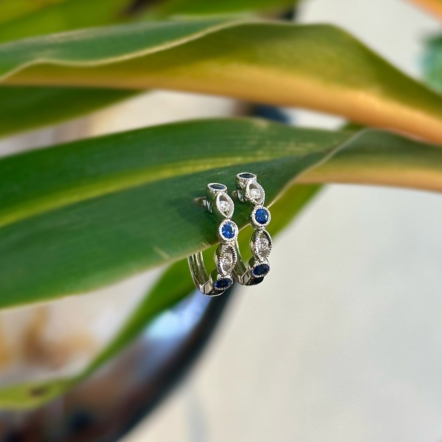 Blue Sapphire and Diamond Hoop Earrings