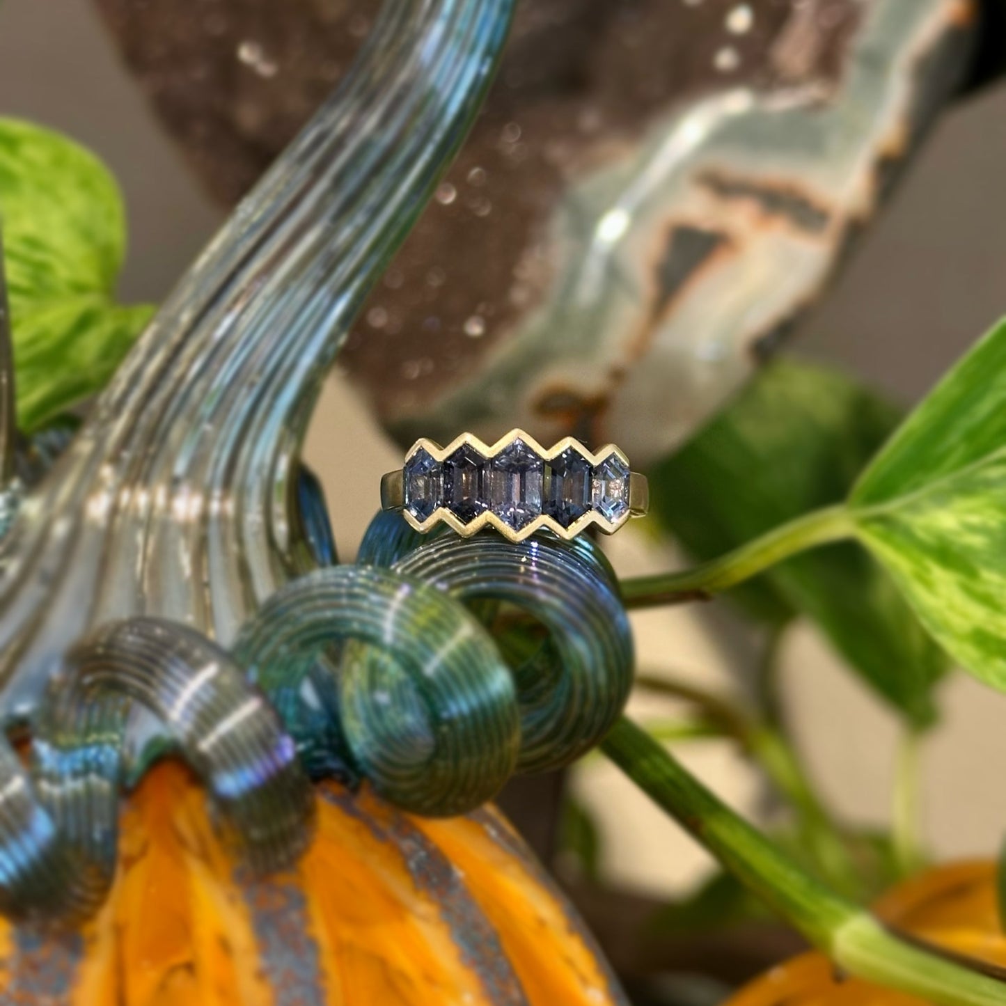 Grey Spinel Five Stone Hex Ring