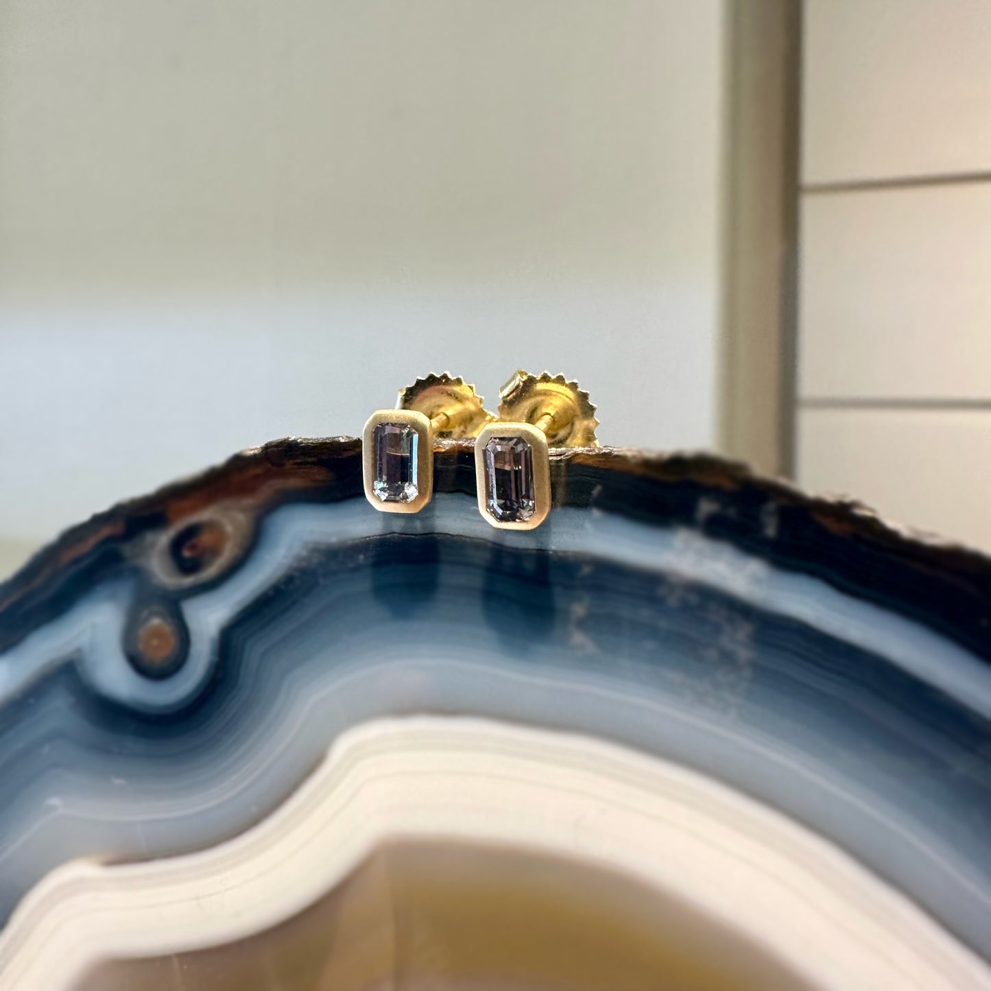 Emerald Cut Grey Spinel Stud
