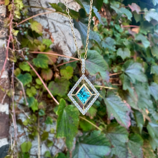 Blue Zircon Kite Pendant with Diamond Halo