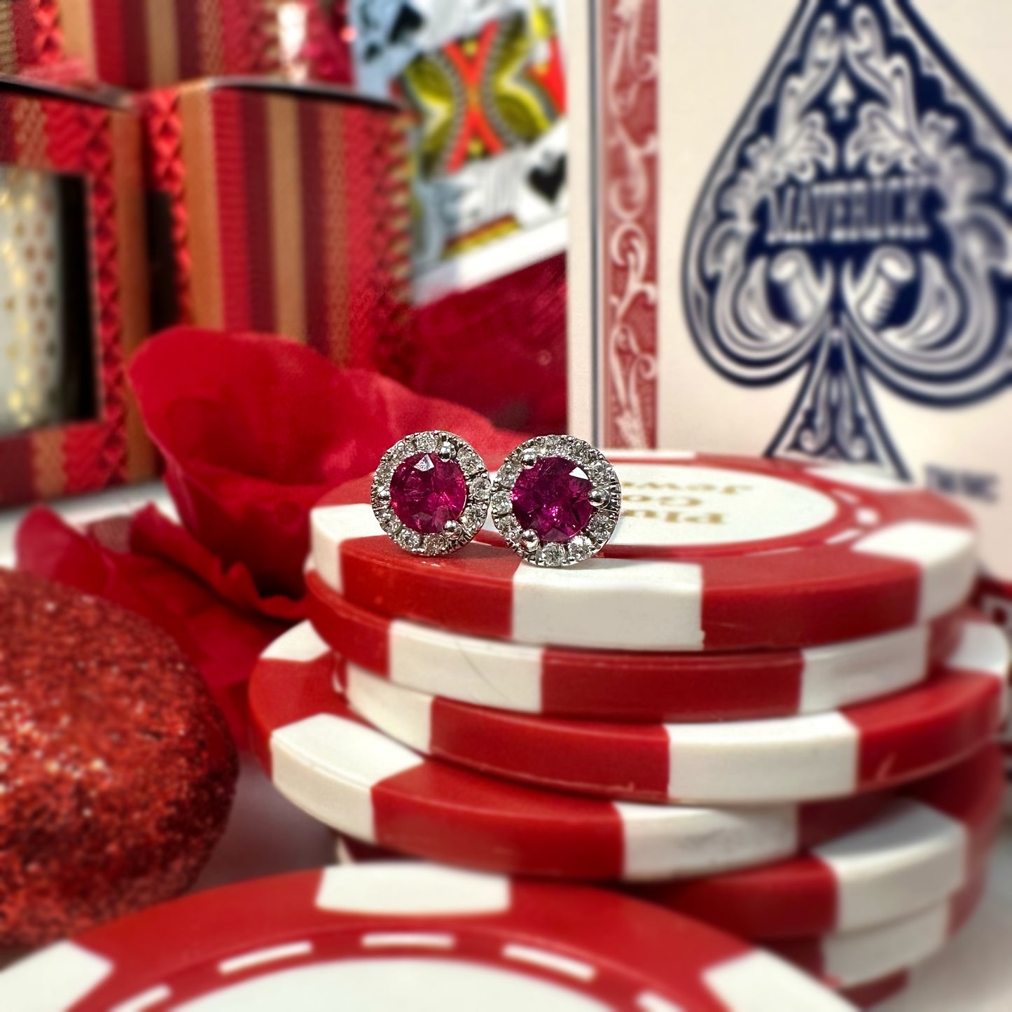 Ruby and Diamond Halo Studs