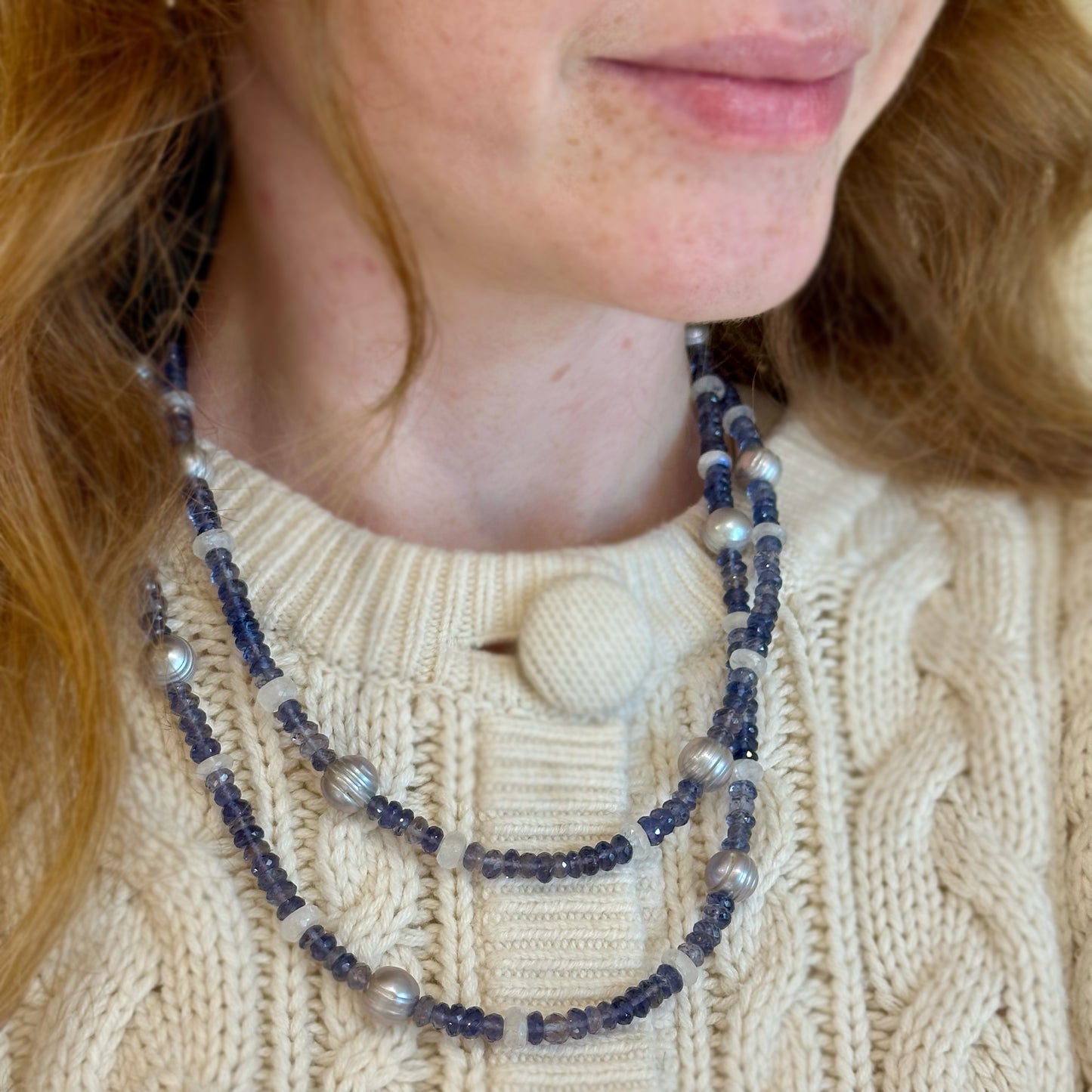 Iolite Moonstone Pearl Bead Strand