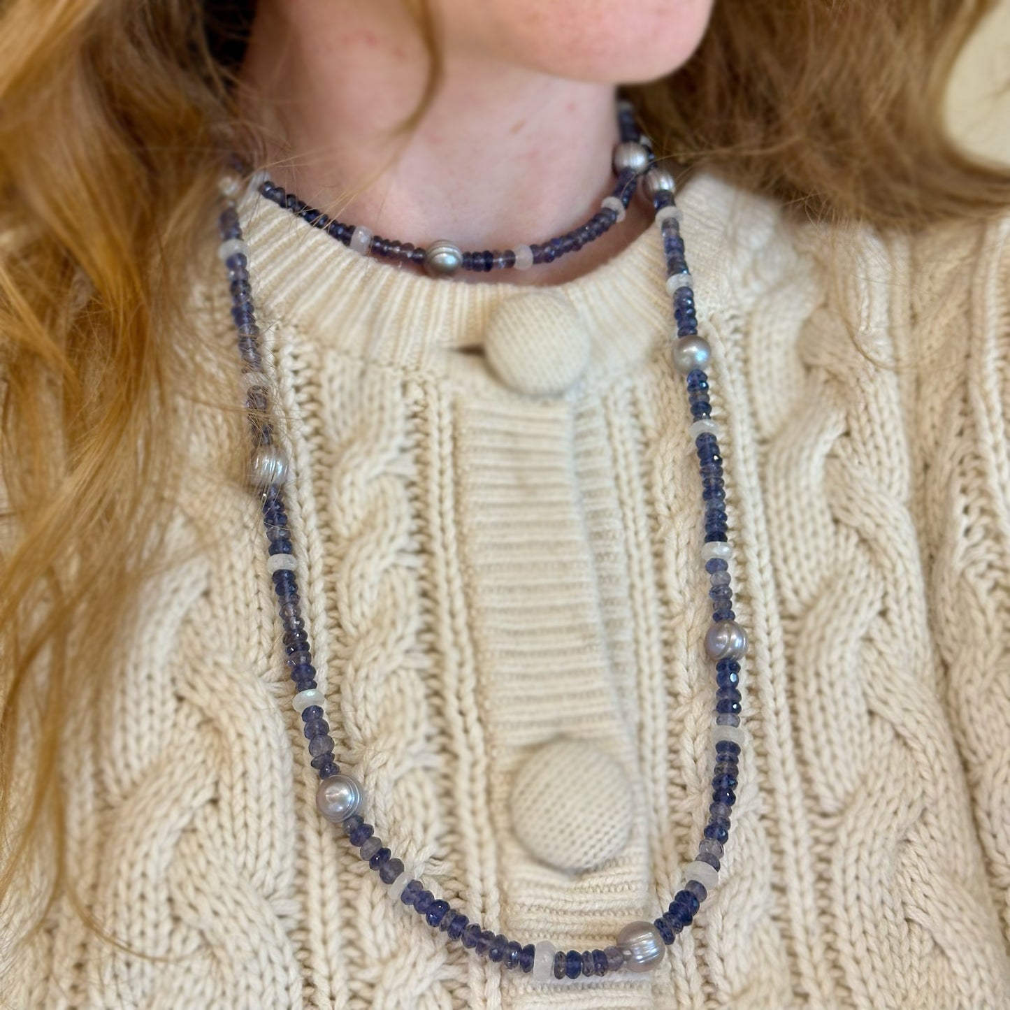Iolite Moonstone Pearl Bead Strand