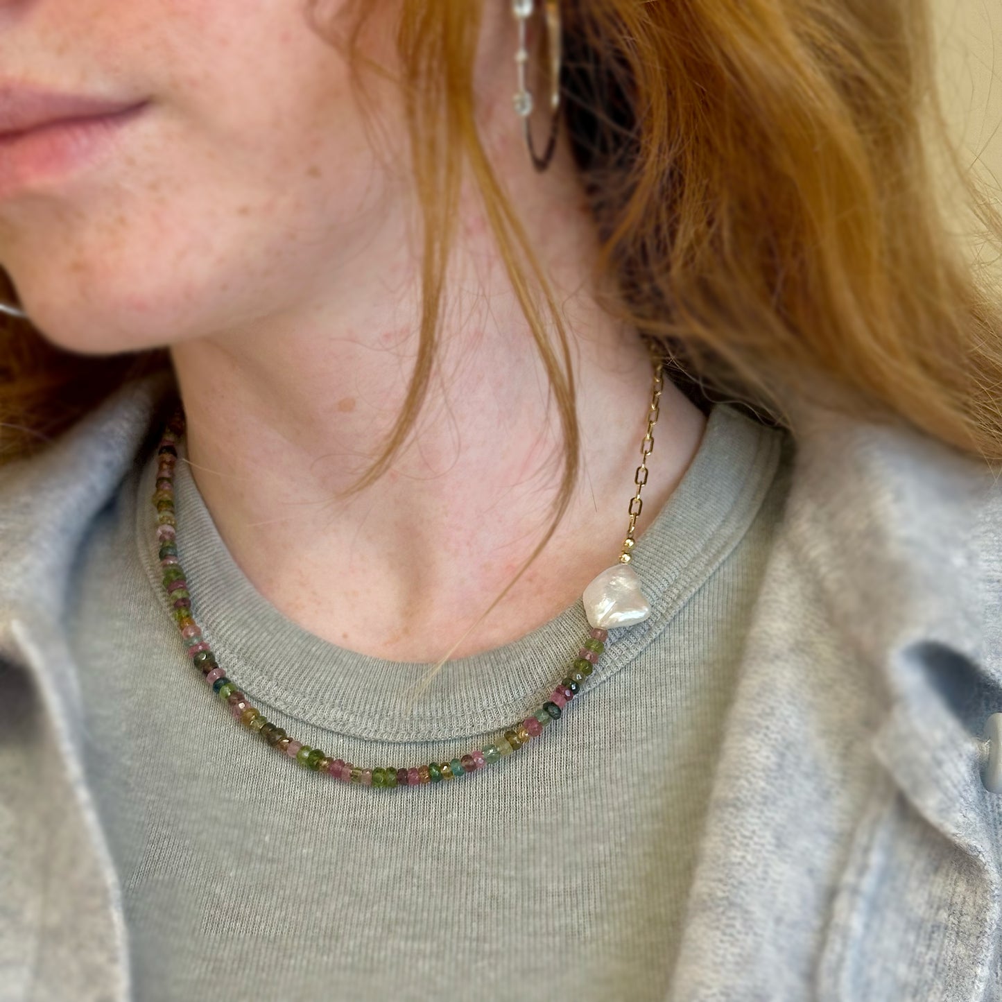 Tourmaline Bead Keshi Pearl Chain Necklace