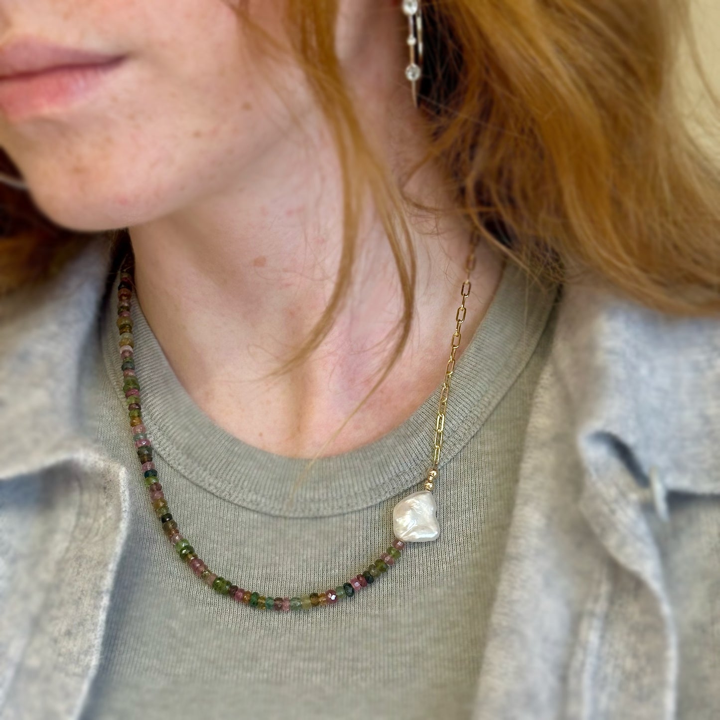 Tourmaline Bead Keshi Pearl Chain Necklace