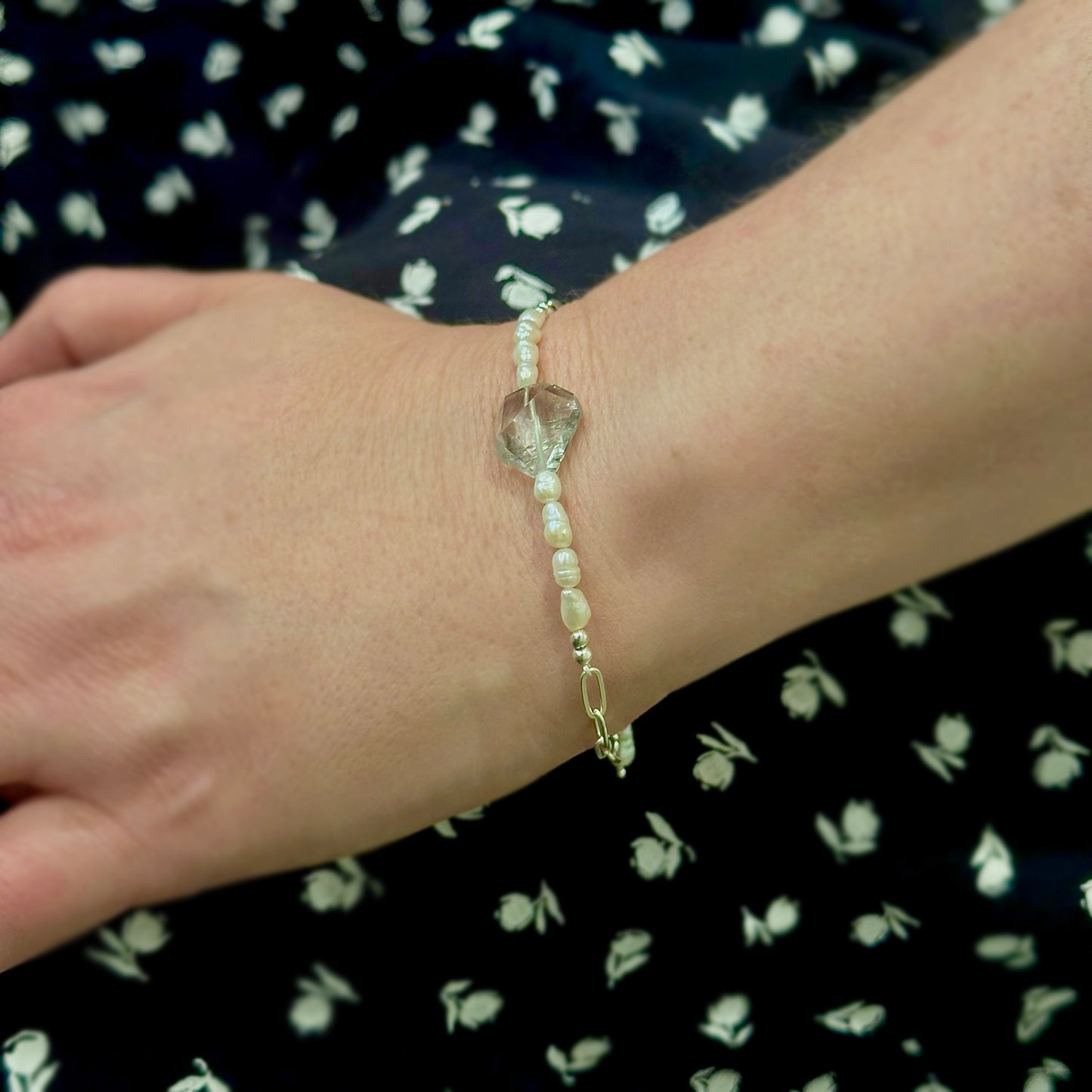 Silver Paperclip Pearl and Quartz Bracelet