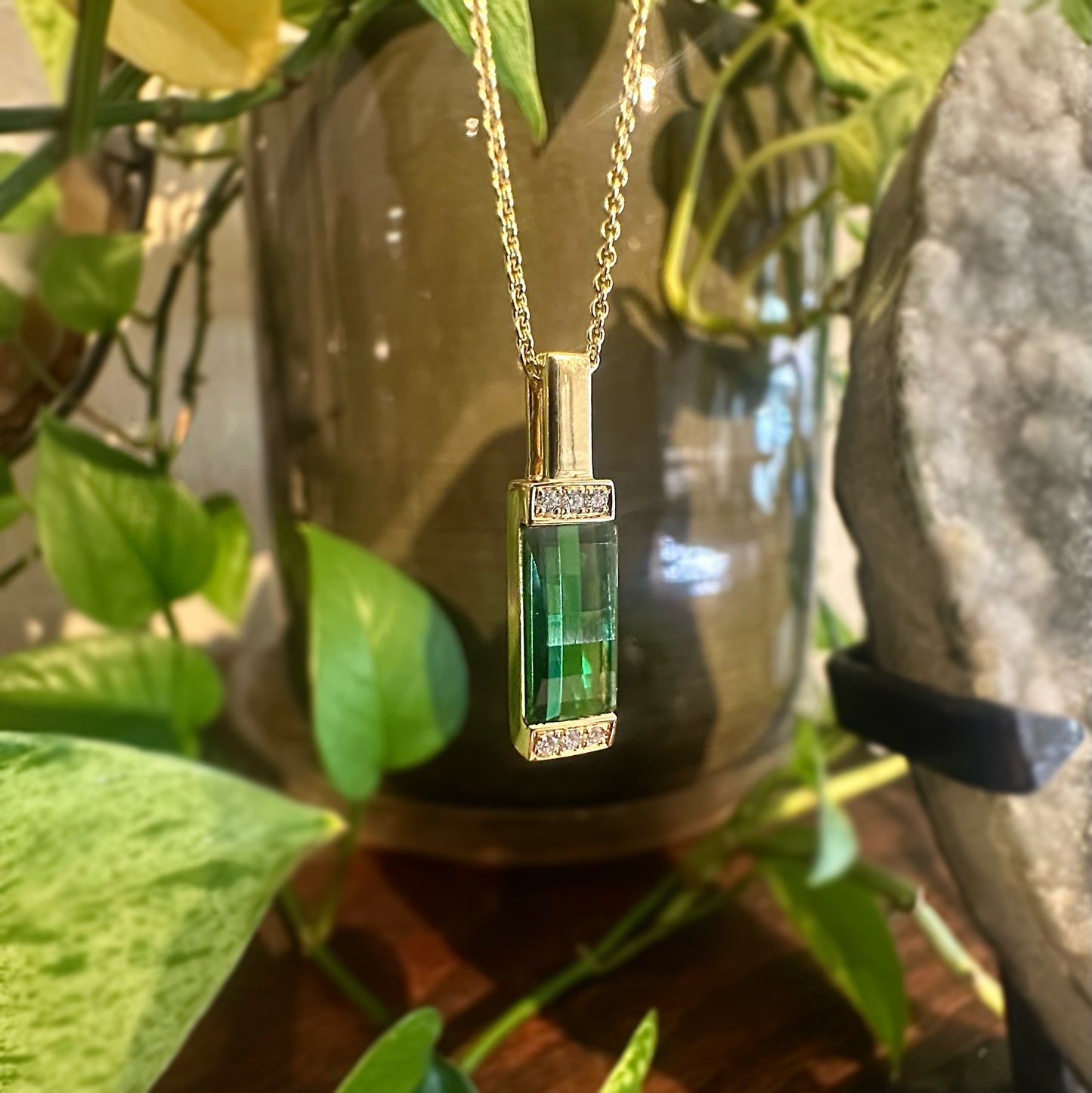 Green Tourmaline Diamond Bar Pendant