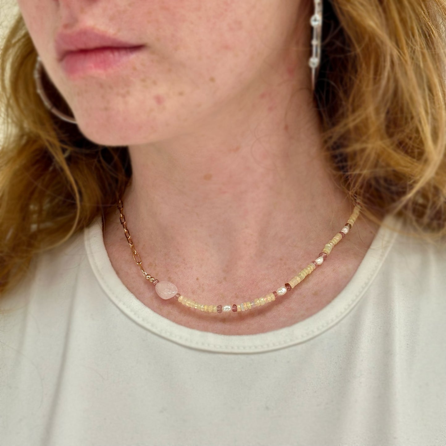 Opal Tourmaline and Pearl Paperclip Necklace
