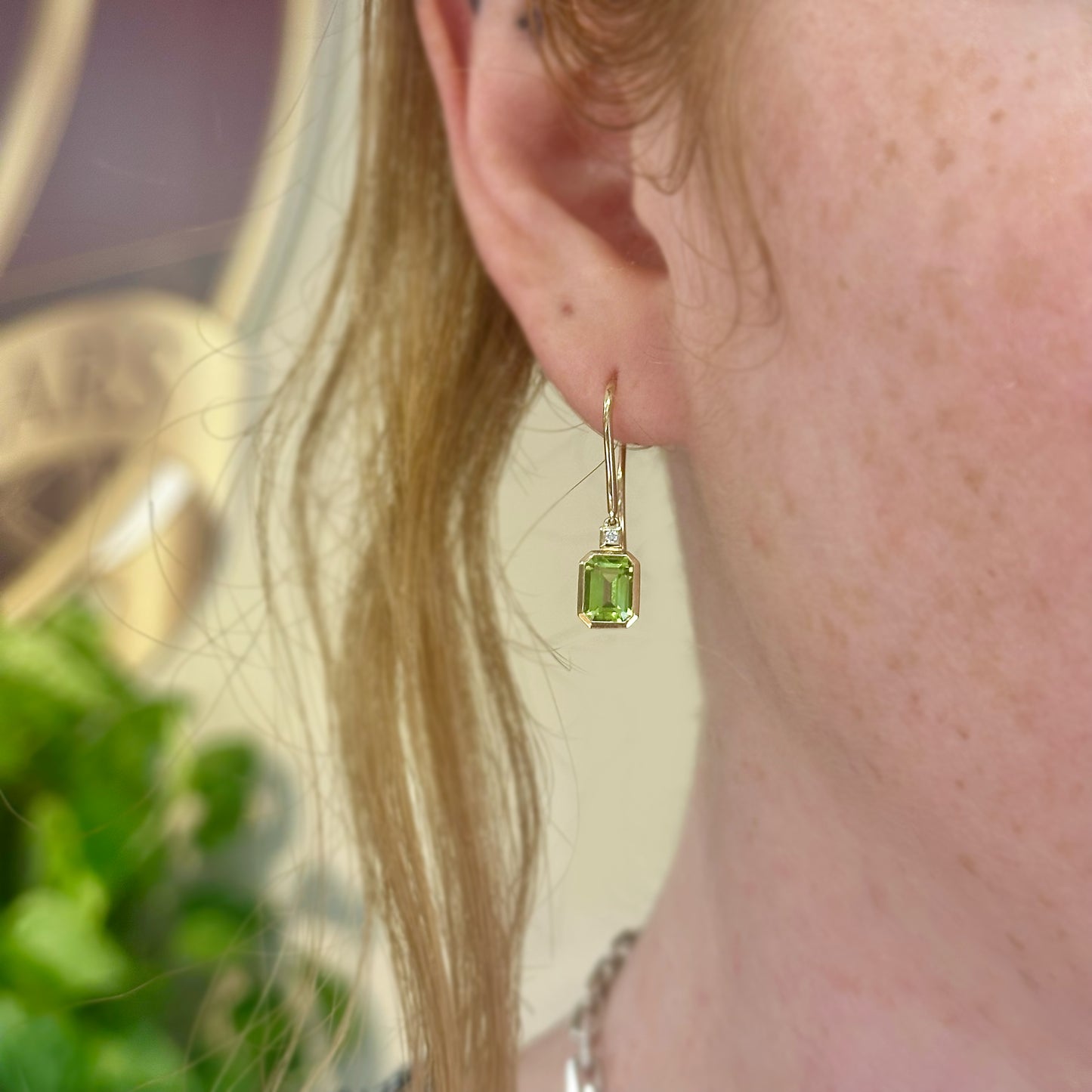 Emerald Cut Bezel Peridot Dangles