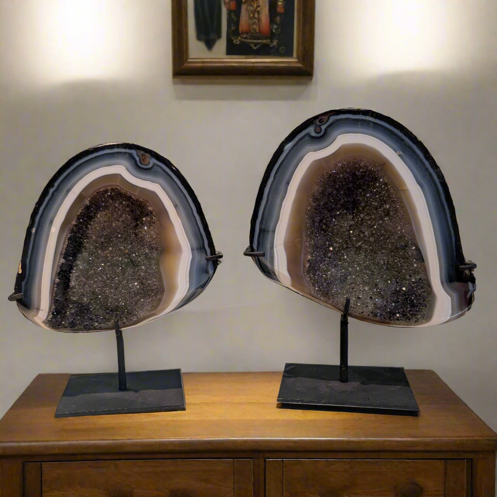 Druzy Banded Arch Geode Pair