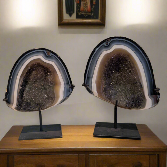 Druzy Banded Arch Geode Pair