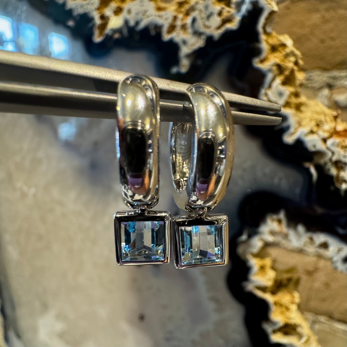 Blue topaz Princess Hoops