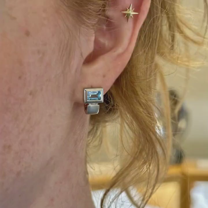 Load and play video in Gallery viewer, Blue Topaz Baguette Huggies
