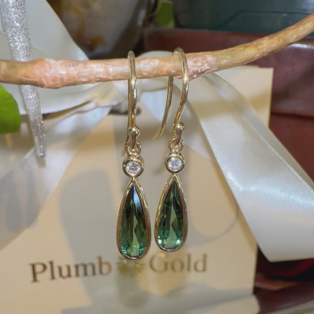 Load and play video in Gallery viewer, Green Tourmaline and Diamond Drop Earrings
